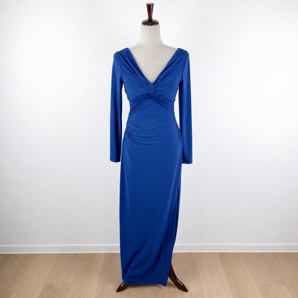 Lauren Ralph Lauren Dress Womens 6P Blue Maxi Gown Event Stretchy Knit Elegant